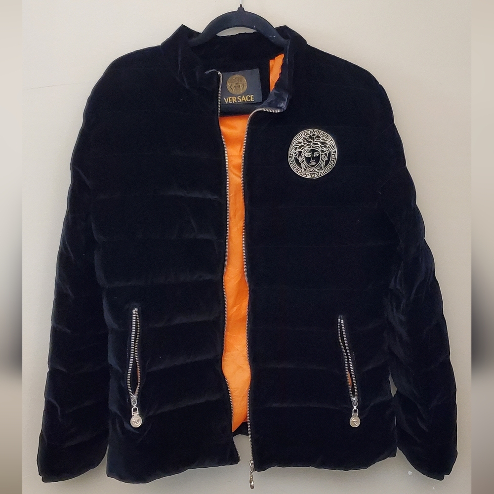 Authentic Versace Black Puffer Jacket with Gold Medusa Accents